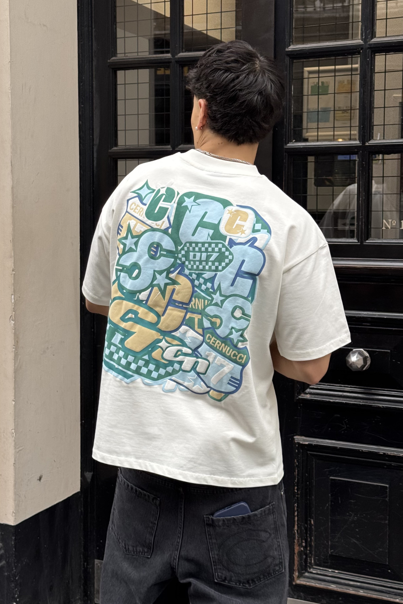 Oversized Layered Sticker Print T-Shirt - Off White